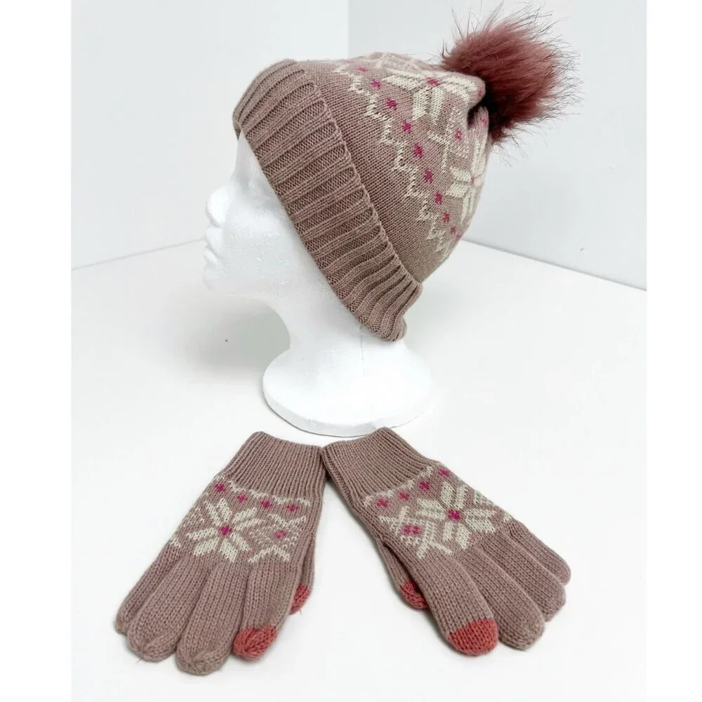 GAP Kids Girls Dusty Pink Fair Isle Knit Beanie Hat Gloves Set Sz L/XL